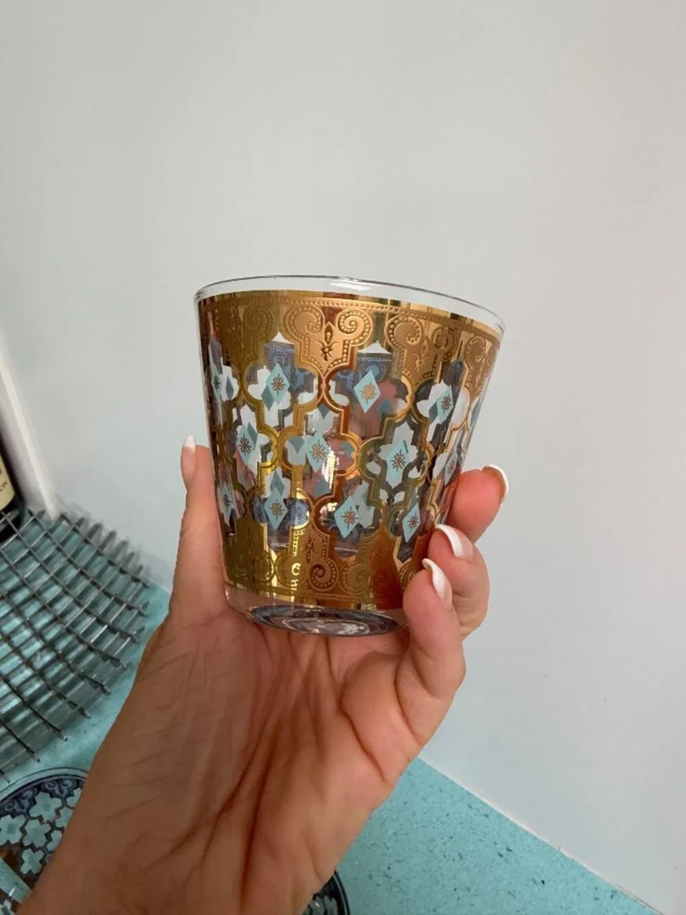 Culver Set of 5 MCM Seville 22K Gold Lattice Cocktail Glass Blue Vintage Rare